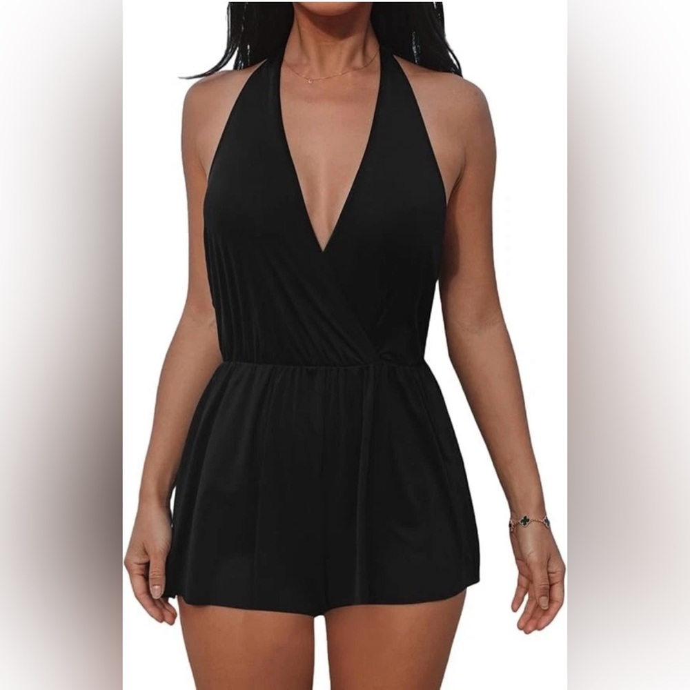 Cupshe Womens One Piece Swimsuit Black Halter with skirt